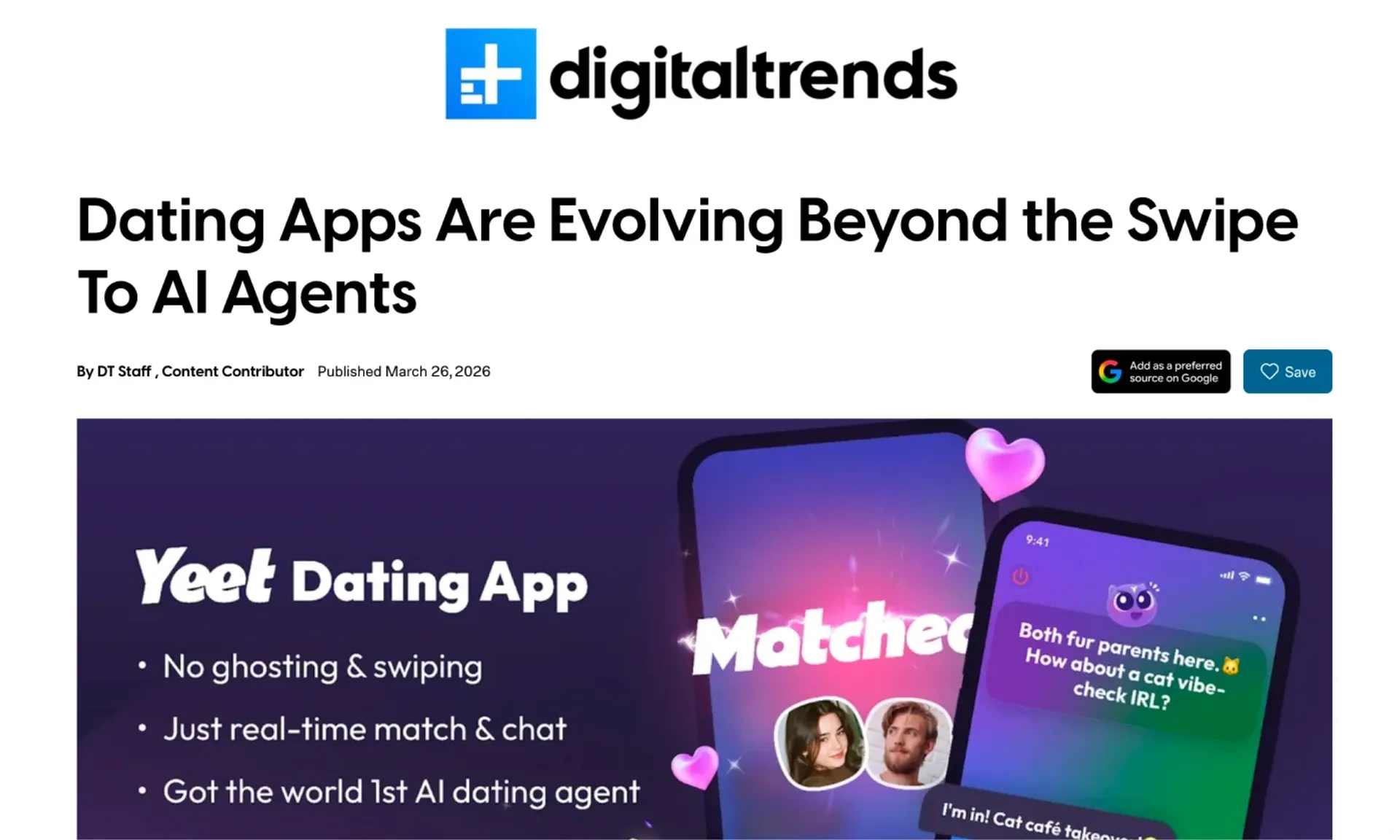 Digital Trends coverage on how Yeet dating app eliminates ghosting for Gen Z users