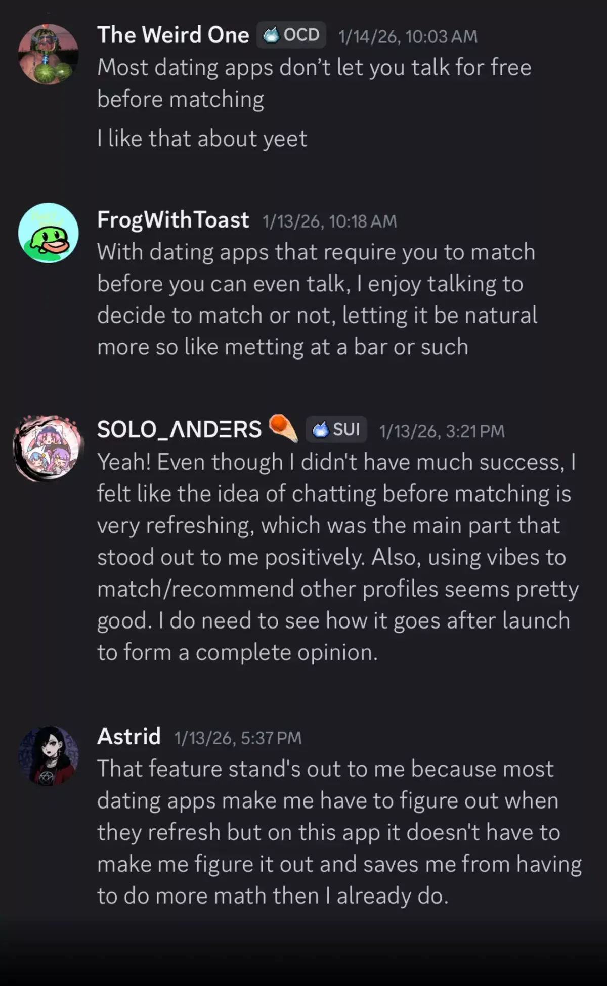 Yeet Discord feedback: users love the ability to talk for free before matching
