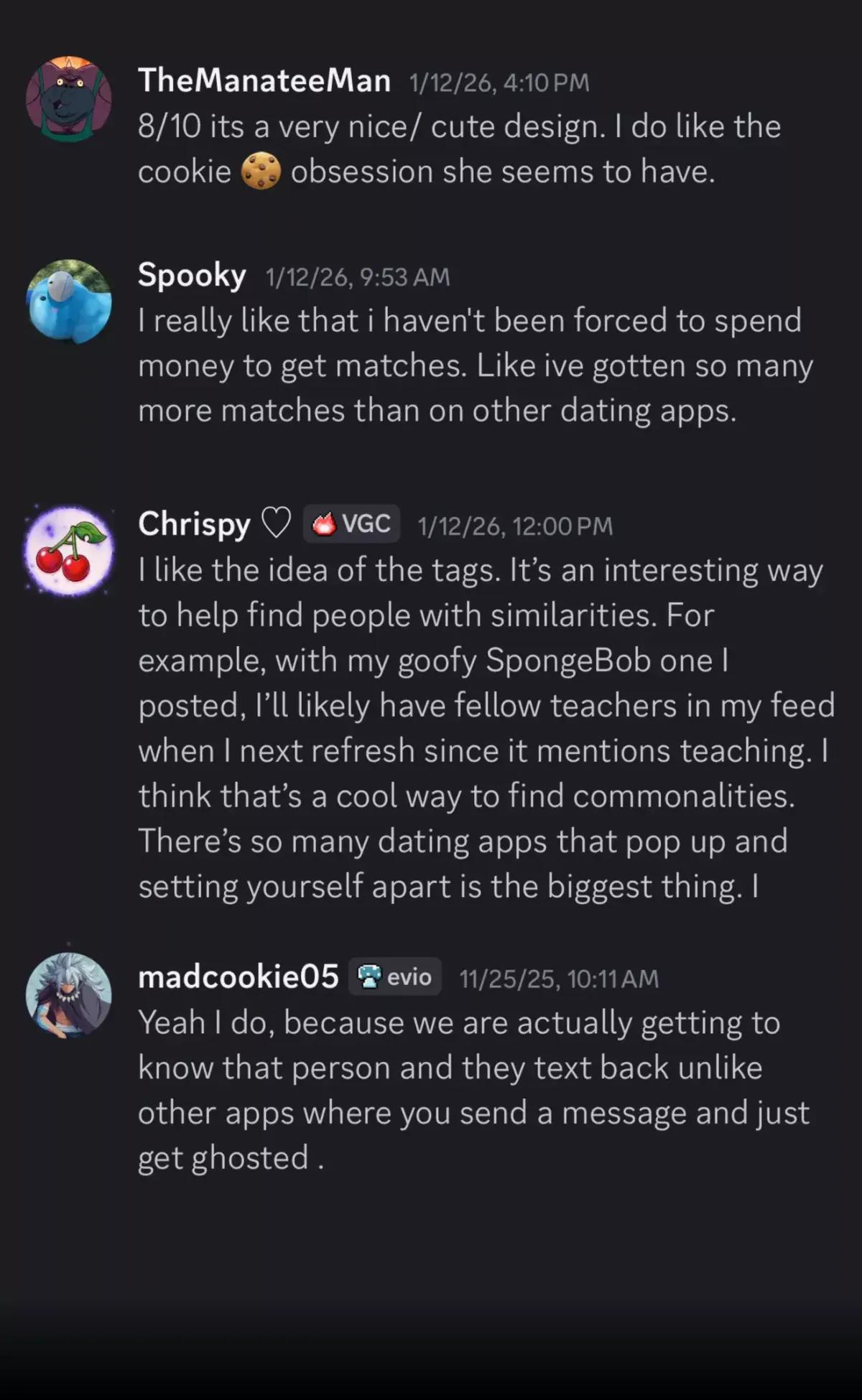 Discord user review praising Yeet dating app for feeling natural