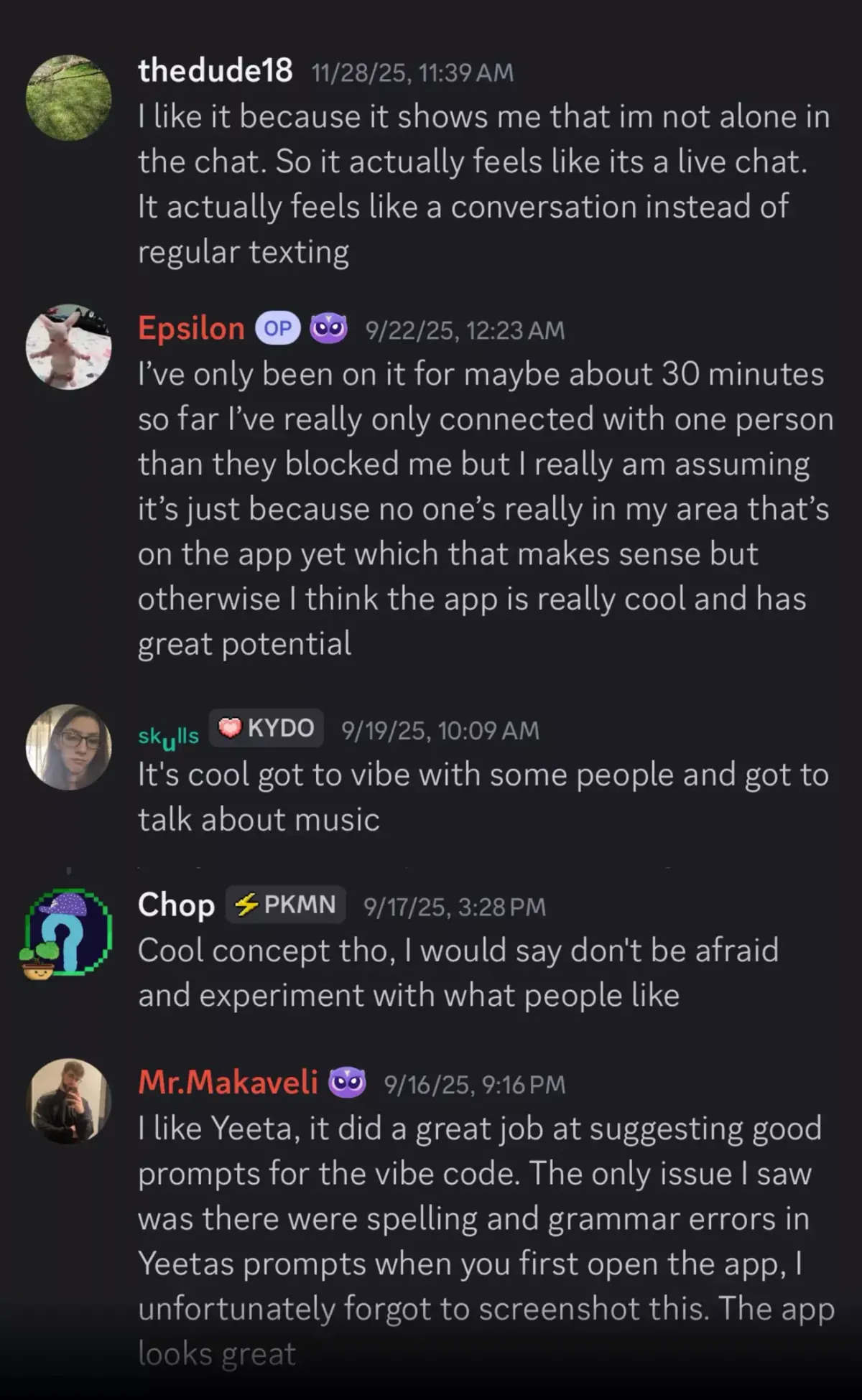Yeet community review highlighting the chatting and matching based on vibes