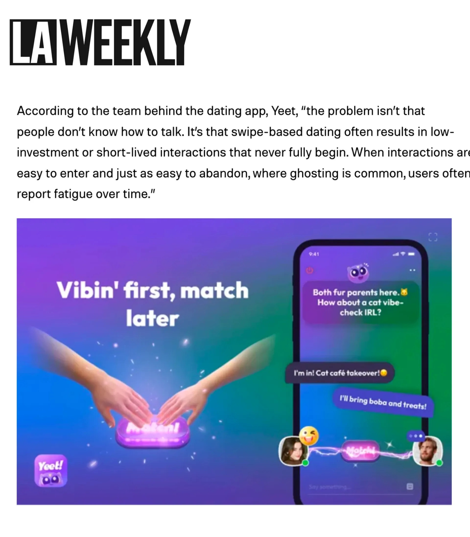 LA Weekly features Yeet's no-swipe, vibe-first dating app