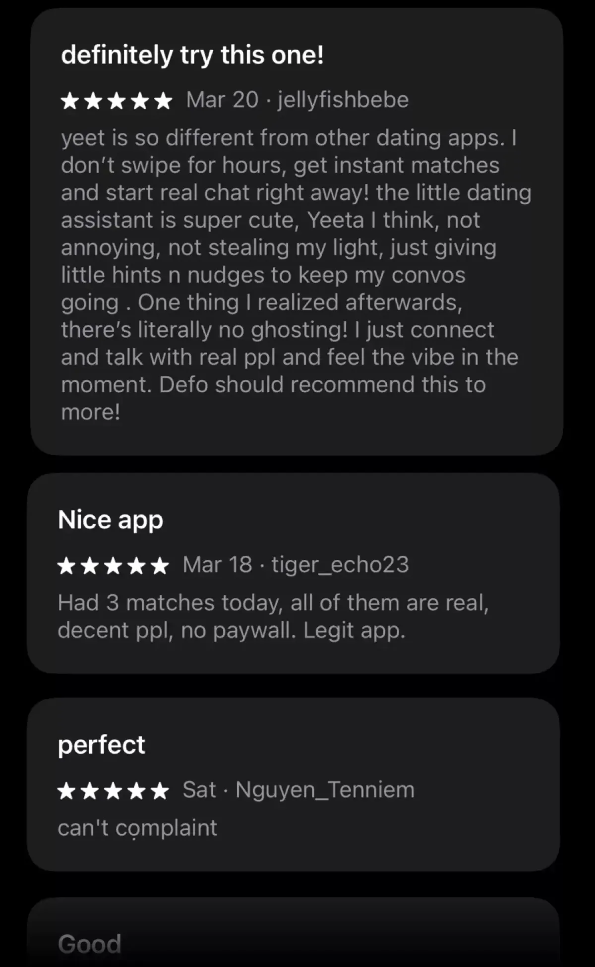 Yeet dating app 5-star reviews: users love the no swipe feature