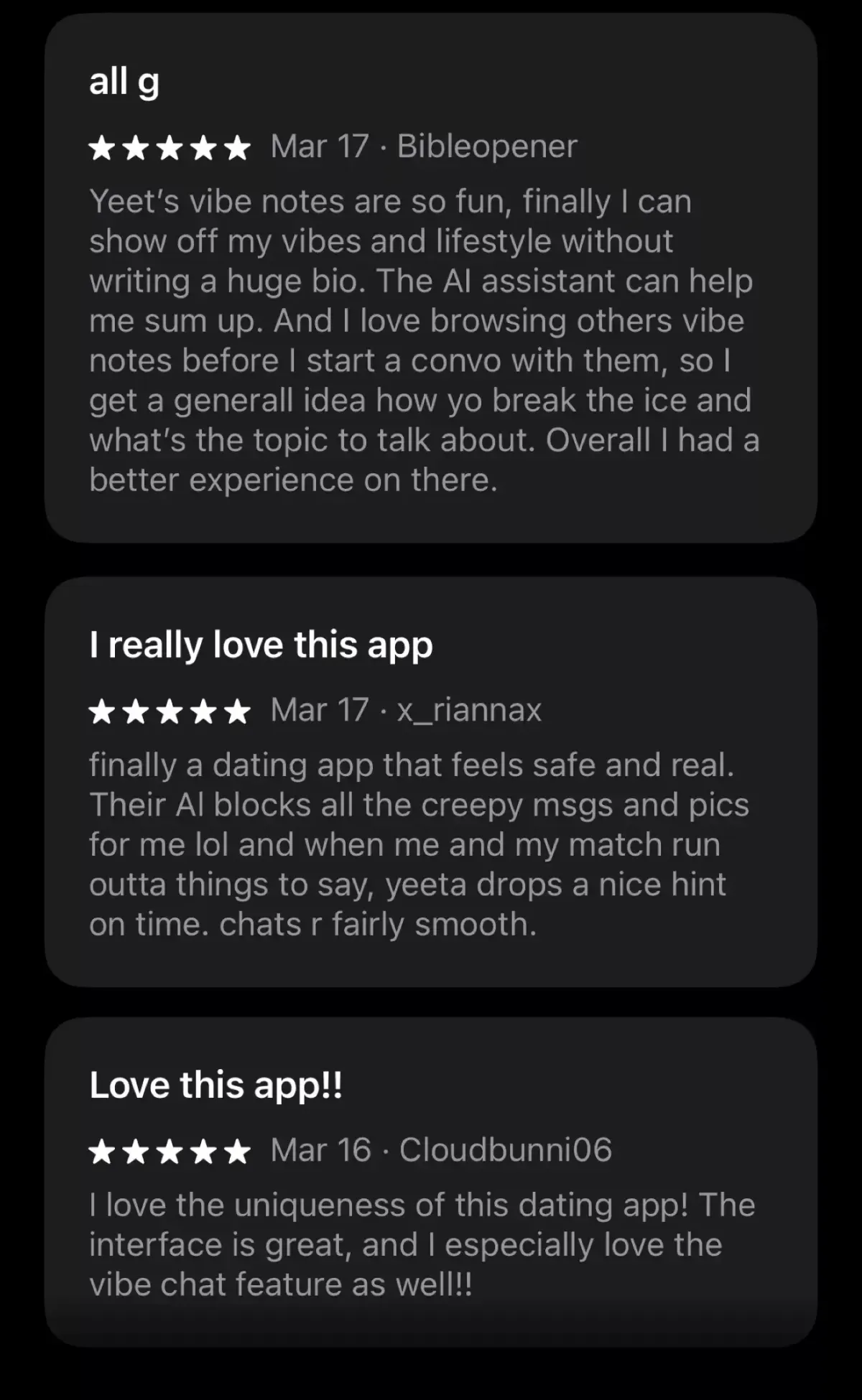 User reviews praising Yeet's legit user base and scam-free dating environment