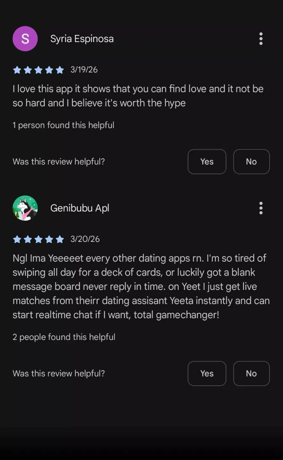 Positive feedback on Yeet dating app's AI matchmaker and real-time chat experience