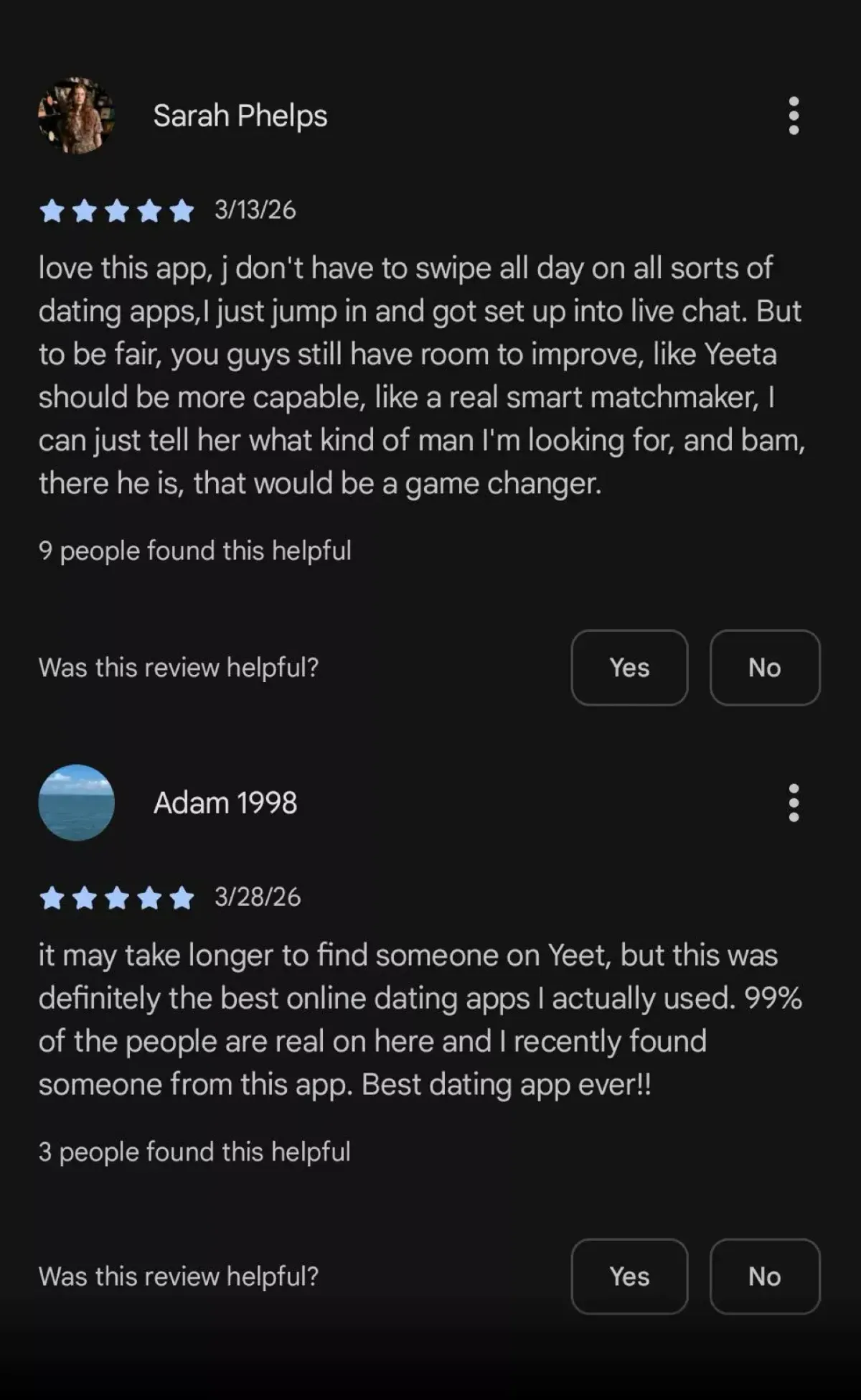 5-star ratings for Yeet: highly recommended dating app for Gen Z